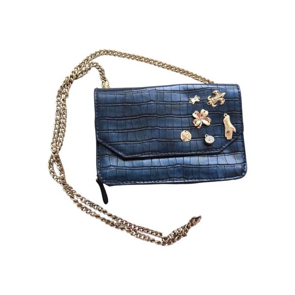 Kate Landry Blue Croc Embossed Cross Body Clutch Shoulder Bag Purse with Charms - Picture 2 of 8